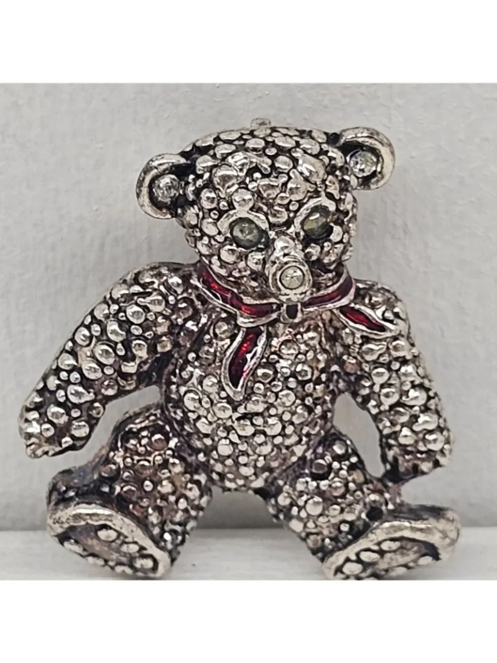Vintage AAI Signed Teddy Bear Brooch  Textured Silver Tone Red...